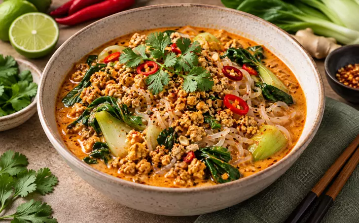 Tofu na červeném kari s konjakovými nudlemi a pak choi