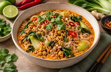 Tofu na červeném kari s konjakovými nudlemi a pak choi