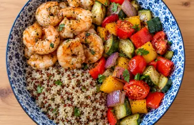 Quinoa bowl s krevetami a restovanou zeleninou