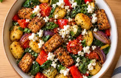 Středomořské gnocchi s tempehem, pečenou zeleninou a fetou
