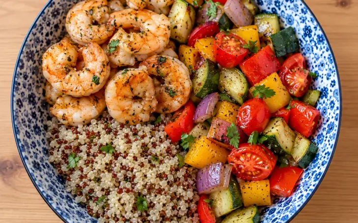 Quinoa bowl s krevetami a restovanou zeleninou