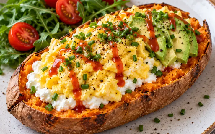 Snídaňový vege batát s cottage, avokádem a vejci