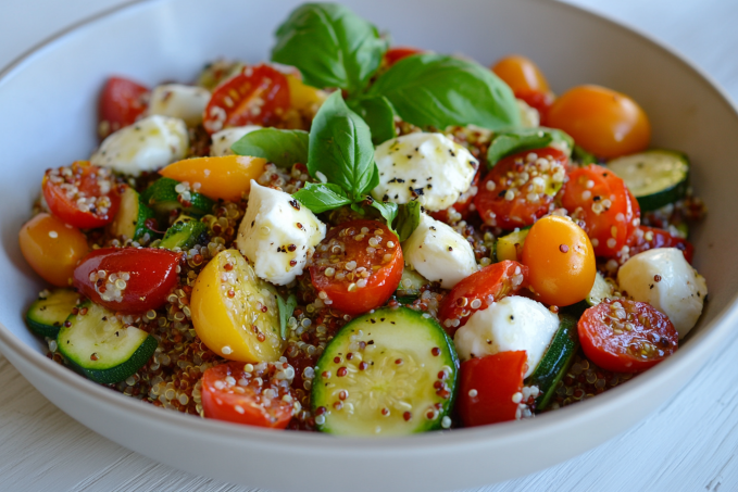 Teplý salát z quinoi, mozzarelly a zeleniny