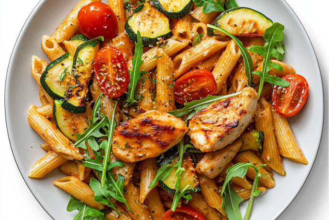 Těstoviny z červené čočky s kuřecím a zeleninou