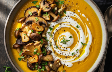 Dýňová polévka se restovanými houbami a tymiánovým jogurtem