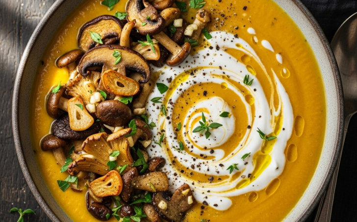 Dýňová polévka se restovanými houbami a tymiánovým jogurtem