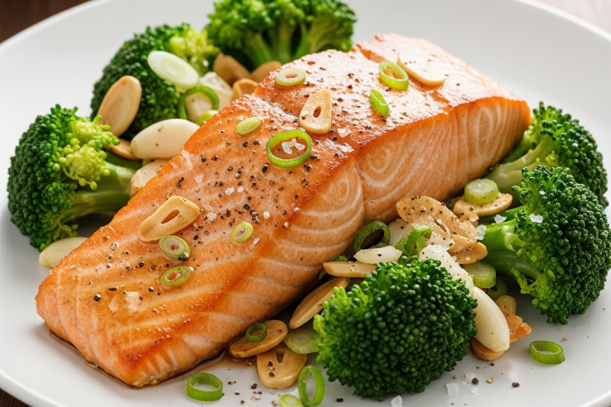 Losos s brokolicí a praženými mandlemi