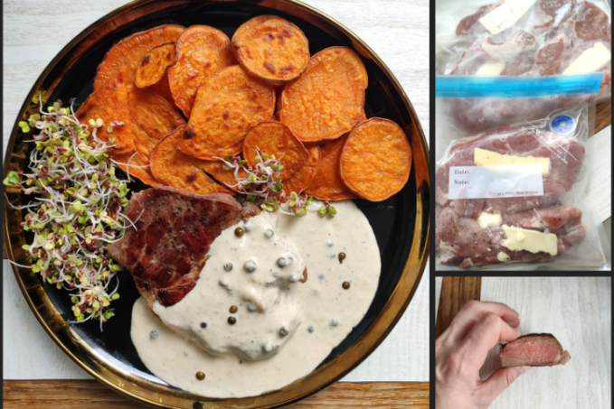 Vepřová krkovice sous vide s pepřovou omáčkou a batátové brambůrky