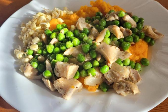 Kuřecí s hráškem a dýňovým pyré
