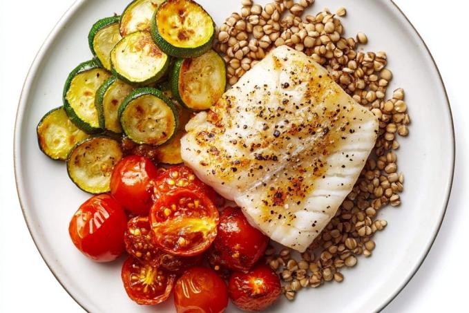 Treska s pohankou a pečenou zeleninou