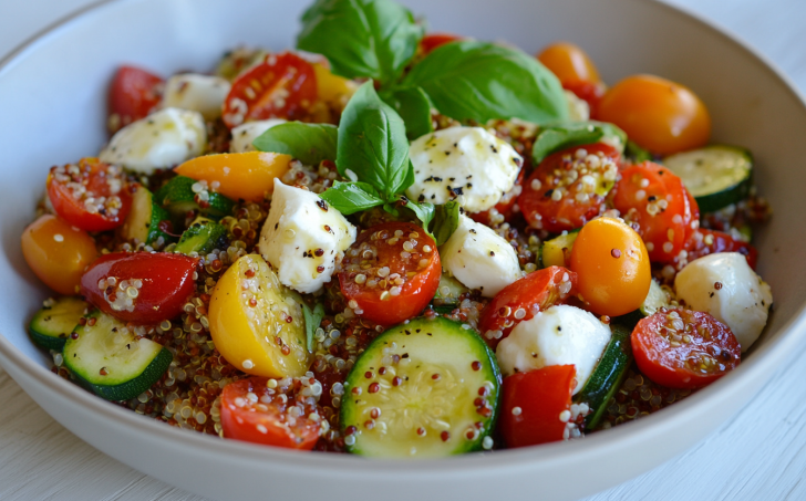 Teplý salát z quinoi, mozzarelly a zeleniny