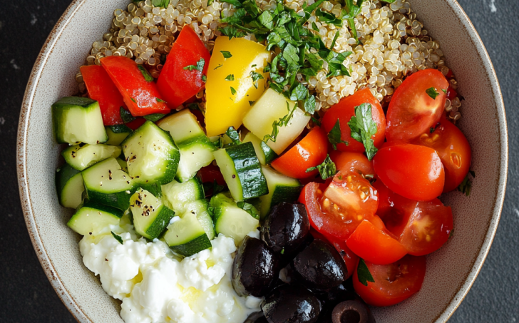 Miska s quinoou a zeleninou s dresinkem s cottage sýru