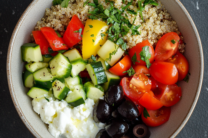 Miska s quinoou a zeleninou s dresinkem s cottage sýru