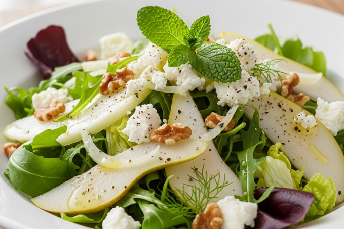 Salát z hrušek a fenyklu s fetou a vlašskými ořechy