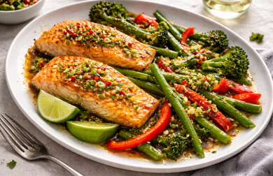 Losos na plechu se sójovou omáčkou, chilli a limetou