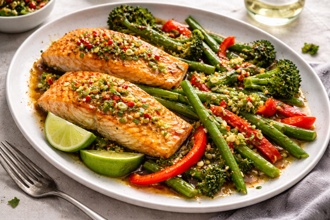 Losos na plechu se sójovou omáčkou, chilli a limetou