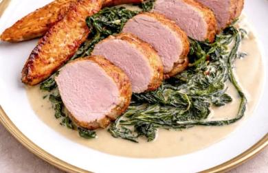 Vepřová panenka s omáčkou z medvědího česneku a pečený batát