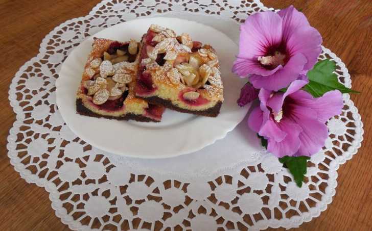 Dvoubarevný švestkový koláč s mandlemi