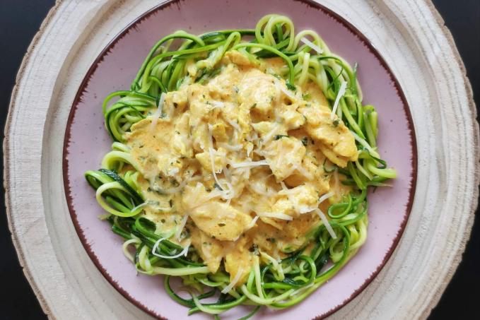 Kuřecí na kari, cuketové nudle Lowcarb
