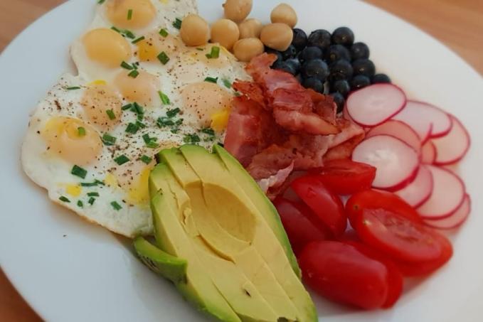 Křepelčí vajíčka se slaninou - obložený snídaňový talíř