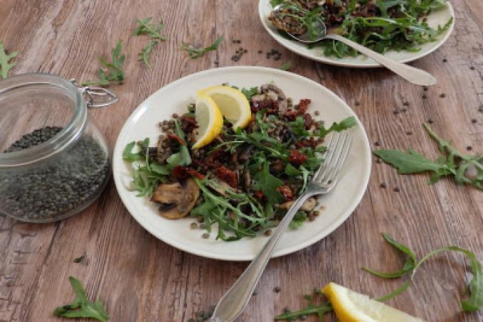 Čočkový salát s rukolou, houbami a sušenými rajčaty
